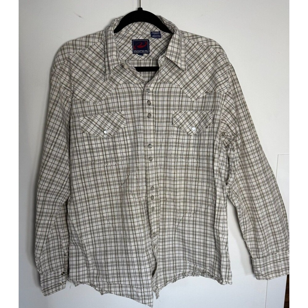Vintage Roper Men's Sz Large Western Shirt with Raw Edges Hexagon Pearl Snaps